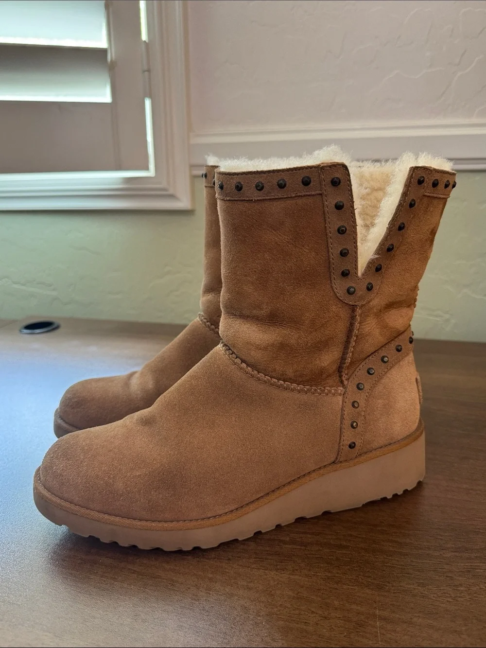 UGG Women’s Tan Suede Shearling-Lined Boots with Stud Detail, Sz. 8.5